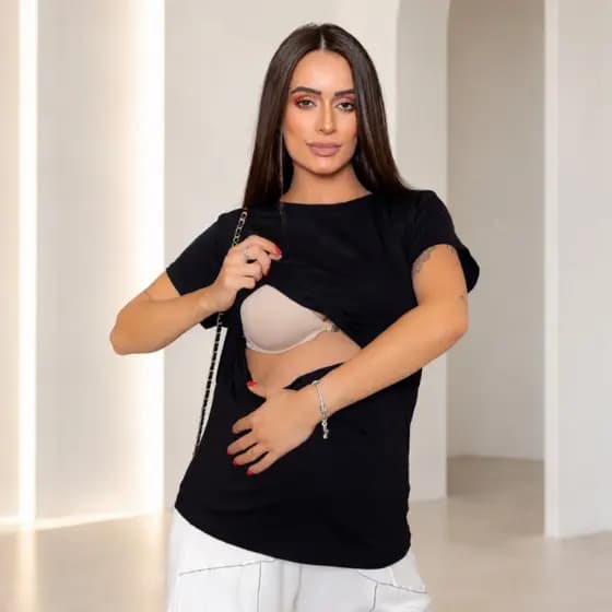 Blusa Amamentação Feminina Manga Curta Com Abertura Gestante Pós-Parto Viscolycra Confortável