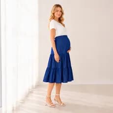 Saia Midi Gestante Jeans Tencel com Babado Prática Versátil  Elástico Confortável Leve Elegante Moda Evangélica