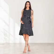 Vestido Gestante Midi Listrado Viscolycra Confortável para Maternidade