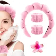 KIT 4 PCS Acessórios de Skincare Spa Feminino - Presilha de Flor Tiara Nuvem Faixa de Pulso