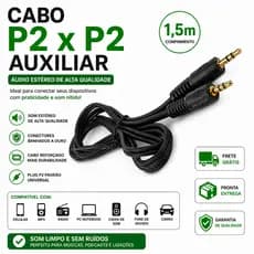 Cabo Auxiliar P2 x P2 Audio Som Stereo 1.5m Para Carro Celular Caixinha De Som Headphone PC MXM