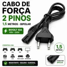 Cabo de Força 2 Pinos Bipolar 1,5m 10A Fonte PS4 PS5 TV Impressora Bivolt 10A