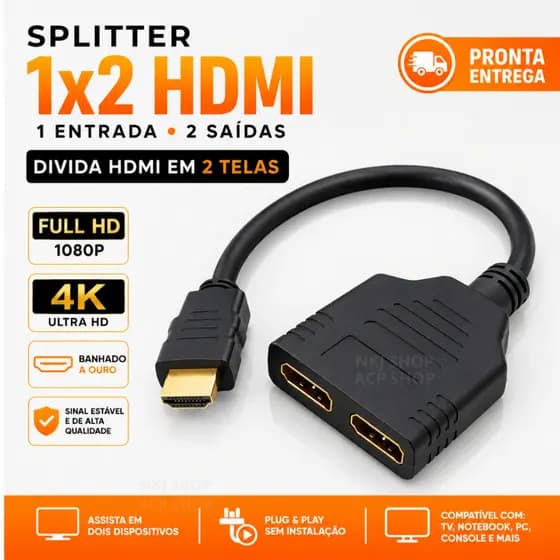 Splitter HDMI 1x2 Divisor de Tela 1 Entrada 2 Saídas Para TV Monitor Notebook Duplicador HDMI