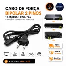 Cabo de Força PS4 PS3 PS2 2 Pinos 1,5m Bivolt 10A