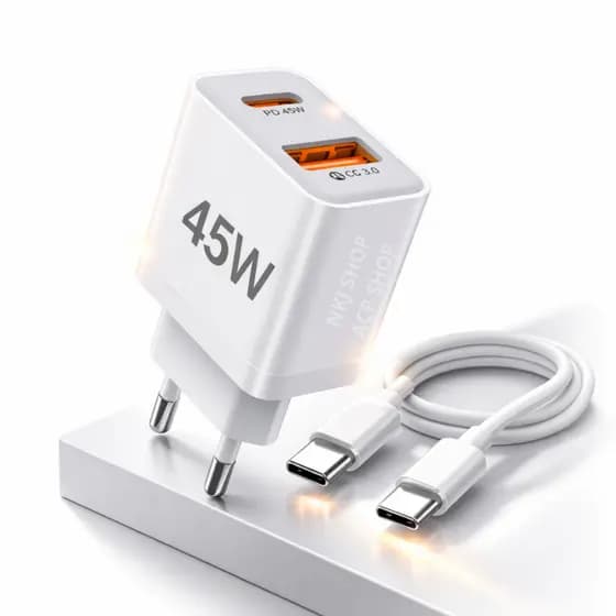 Carregador 45W Turbo Tipo-C + USB Kit 2 Rápido Compatível iPhone Samsung Xiaomi