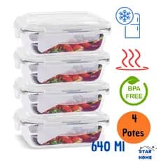 Kit 4 Potes de Vidro 640 ml Hermético Marmita Fit com Tampa 4 Travas