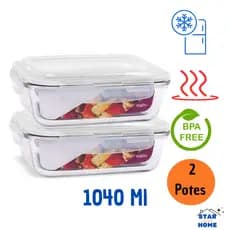 Kit 2 Potes de Vidro Grande 1040ml Hermético Marmita Fit com Tampa 4 Travas