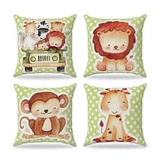 Kit 4 almofadas cheias 30x30cm Animais Baby Safari fundo verde