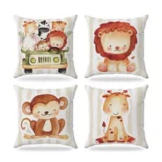 Kit 4 almofadas decorativas cheias 30x30cm - Animais Baby Safari fundo Bege MD0272