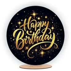 Mini Painel Redondo Festa 50x50cm Happy Birthday Preto Dourado Tecido Não Amassa