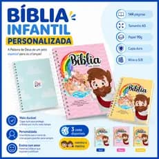 Bíblia Infantil Personalizada  144 Páginas  Menino e Menina  Tamanho A5  Papel 90g  Capa Dura
