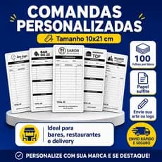 Talão de Comandas Personalizadas 10x21cm | Restaurante, Lanchonete, Delivery | Bloco com 100 folhas