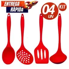 Conjunto Jogo Kit 4 Peças Utensílios de Silicone Linha Premium Colher Concha Escumadeira e Espátula Vazada Variáveis