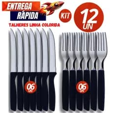 Kit Jogo De Talheres 12 Peças - 06 Garfo  06 Faca Inox Com Cabo De Plástico Premium Casa Cozinha Restaurante
