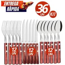 Jogo Conjunto 36/18 Talher Garfos + Facas + Colher Inox com Cabo de Madeira Faqueiro Linha Premium Casa Culinária
