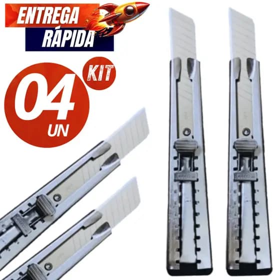 Conjunto Kit 04/02  Estilete com Lâmina em Metal Profissional Com Trava 15CM Linha Premium Resistente