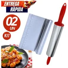 Jogo 02/01 Peças - Rolo de Massa Inox Silicone Giratório 37,5cm Espátula Cabo Tubular Cortador Raspador Linha Premium