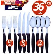 Jogo De Talheres 36/18 Peças - Garfo Faca Colher Inox Com Cabo De Plástico Premium