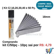 Kit Jogo Lamina Para Estilete Largo 18mm Com 10,20,30,40 e 50 Peças