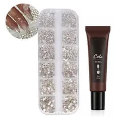 Estojo Kit Strass Prata 12 Grades Para Decoração + Cola De Unha Solida Em Gel UV/LED 20g