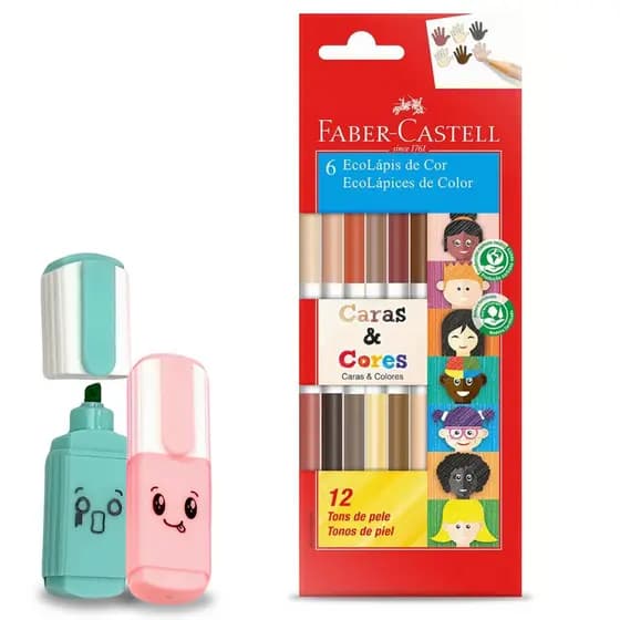 1 Kit Lapis de Cor da Faber Caras e Cores com 2 Marcadores de Textos