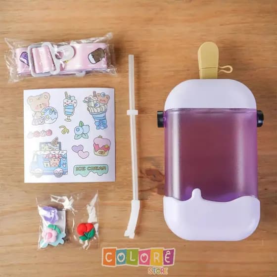 Garrafa em Formato Lúdico de Picolé com Adesivos e Alça Removível 400ml Lancheira Escola Criança