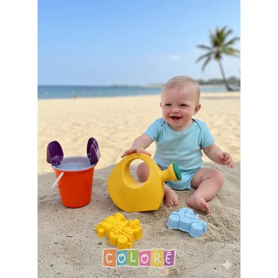 Kit Baldinho Regador Brinquedo de Praia Certificado INMETRO Pá Rastelo Forminhas Bebê Criança Areia