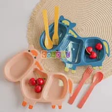 Kit Prato Infantil Divisória Com Talheres Bebê Alimentação Pratinho Fazendinha Cavalinho Introdução
