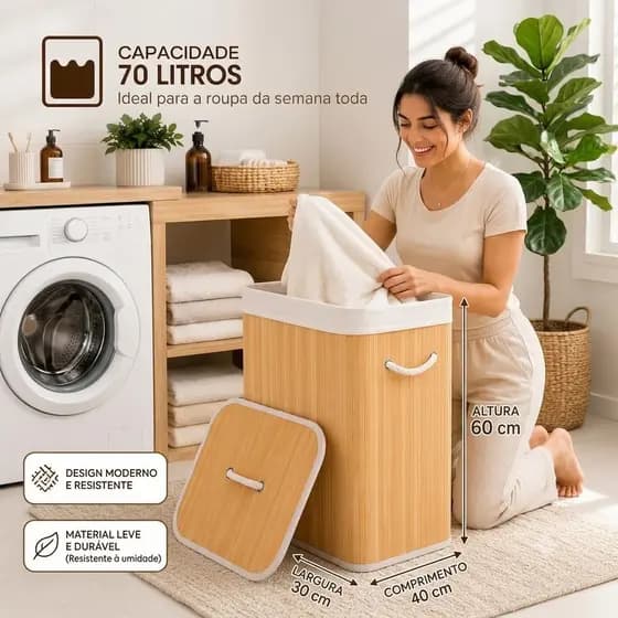 Cesto Organizador de Bambu Natural 70L com Tampa e Alças | Elegância e Organização para sua Casa
