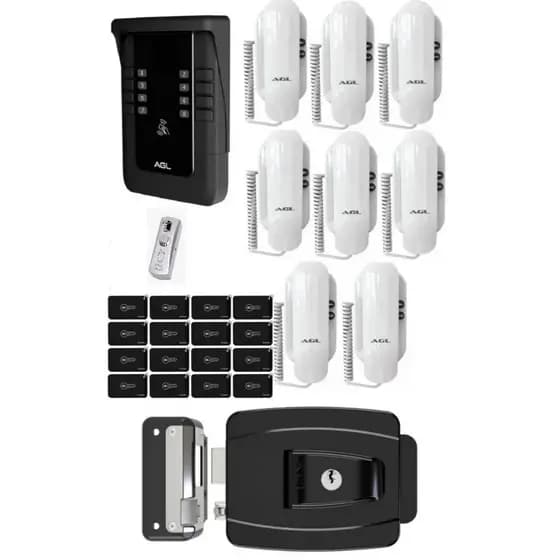 KIT PORTEIRO COLETIVO AGL S500 8 PONTOS BLUETOOTH+ 8 MONOFONES + 16 TAG + FECHADURA + BOTOEIRA INOX