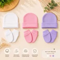Kit 3 Toucas + 3 Pares de Luvas Bebê Recém Nascido Saida Maternidade Enxoval Algodão Premium Confort