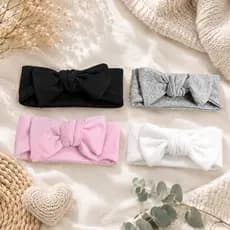 Kit 4 Faixas de Cabelo Bebê com Laço Tiara Infantil Recém Nascida Ajustável Algodão Maternidade