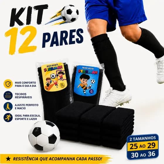 Kit 12 Pares Meião Futebol Infantil Juvenil Longo Preto 25 ao 36 Escola Esporte Lazer