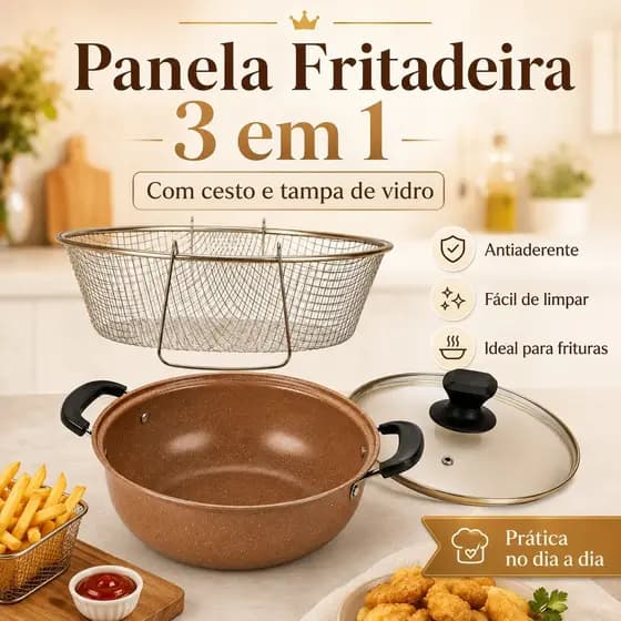 Fritadeira Panela 28 cm com Cesto Inox e Tampa de Vidro para Batata Frango e Petiscos