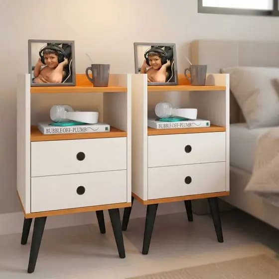 Mesa De Cabeceira Retrô Criado 2 Gavetas Pés Palito Quarto Decoração Organizador Kit ou Unitário