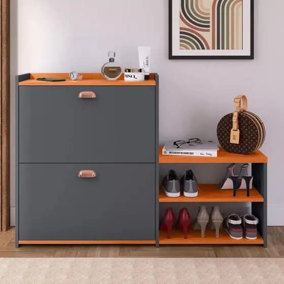 Sapateira Cinza Organizadora 2 Portas Basculantes E Banco Hall De Entrada Quarto Closet Prateleiras