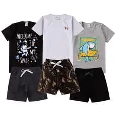 Conjunto Volta as aulas infantil e juvenil menino masculino criança verão camisa e bermuda promoção tamanho 1 ao 8