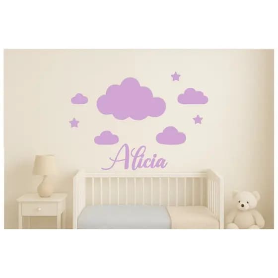 Adesivo de Parede Infantil Nuvens e Estrelas + Nome Personalizado | Várias Cores