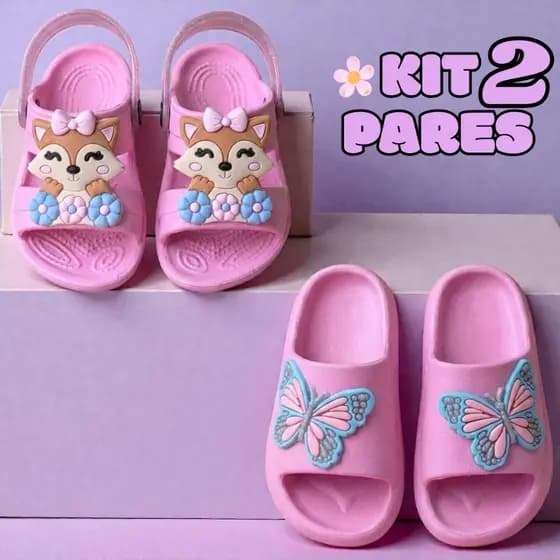 Kit Conjunto Dois Pares Papete Infantil Menina Chinelo Nuvem Feminino Calce Fácil  Leve