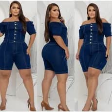 Macacão Curto Plus Size Ciganinha Ombro a Ombro Jardineira Short Jeans Plus Size Strech Modeleador Feminino 52/54/56