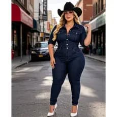 Macacões Plus Size Jeans Feminino Calça Modeladora Skinny Macação Manga princesa Fashion