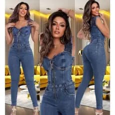 Macacão Macaquinho Jeans Feminino Jardineira Calça Feminina Empina Bumbum Ciganinha 36a48 Exclusivo Fashion