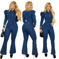 Macacão Jeans Feminino Manga Longa Bufante Levanta Bumbum Exclusivo Realeza