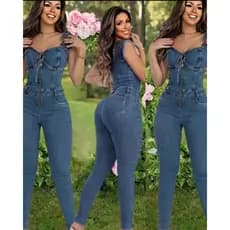 Macacão Longo Jeans Feminino Ciganinha Ombro a Ombro Exclusivo 38/40/42/44/46/48