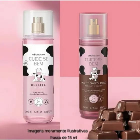 Body Splash Deleite Caramelizado, Amoruda, Chocolatudo, Maracujá, Morango e Leite, Cuide-Se Bem o Boticário 15 ml