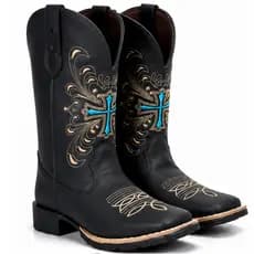 Bota Texana Feminina Country Cano Longo Preta Bordada Cruz Azul