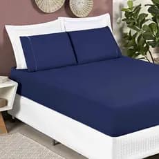 Jogo de Cama Casal 3 Peças 400 Fios Toque Aveludado Acetinado Azul Marinho Elástico Total Linha Luxuoso Percal Algodão