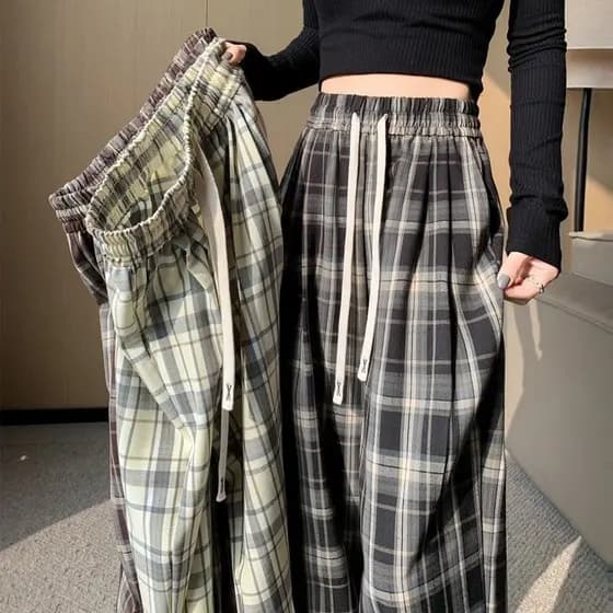 Plus Size Oversized 125KG Verão Feminino Fino Xadrez Perna Larga Calças Compridas Soltas Cintura Alta Casuais Retas