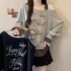 Plus Size Oversized 100KG Feminino Falso De Duas Peças Solto Fora Do Ombro Carta Imprime Manga Longa Casual Camiseta Cor
