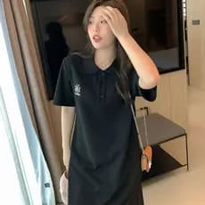Oversized Plus Size 90KG Feminino Solto Polo Manga Curta Vestido De Comprimento Médio Roupas Femininas